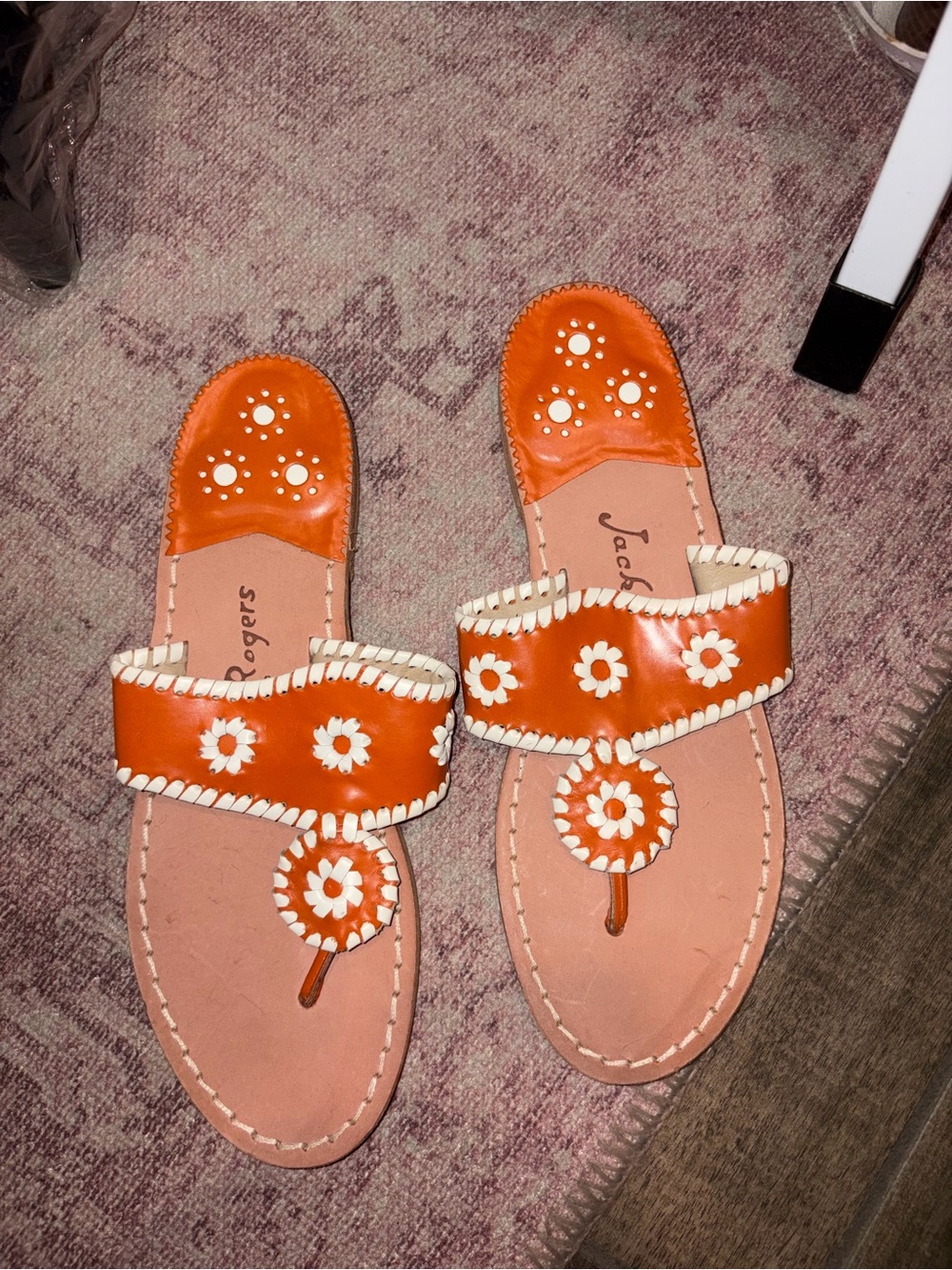 Jack Rogers Orange Leather Daisy Slide Sandals with White Accents